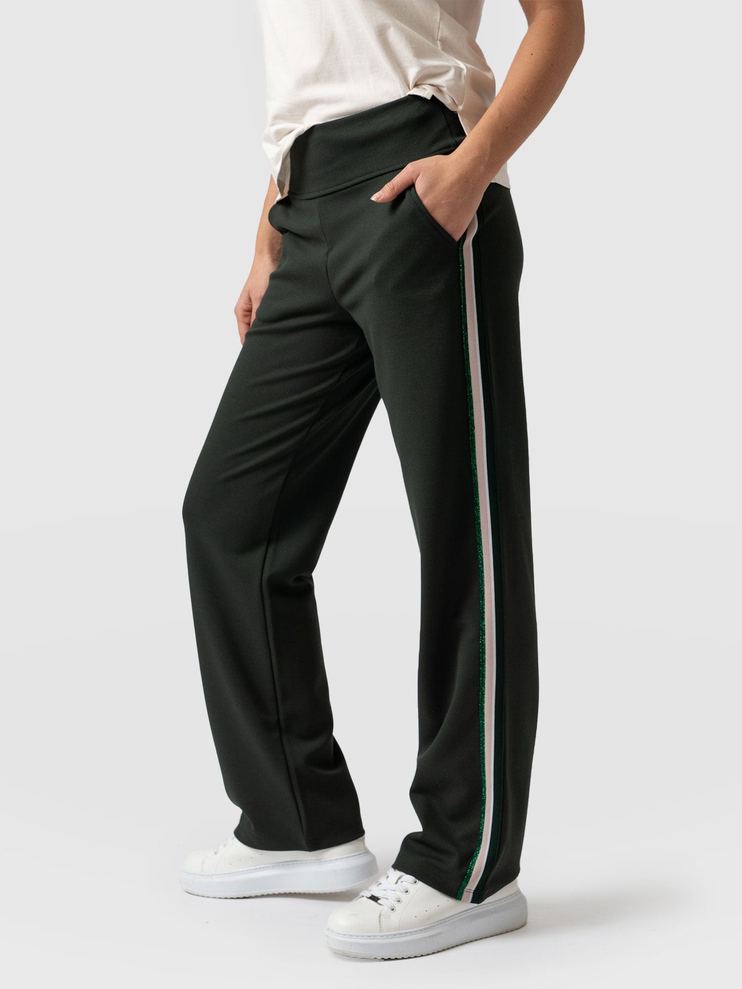 Runway Pant Bottle Green with Green/Pink Lurex Stripe - Women's Trousers | Saint + Sofia® UK